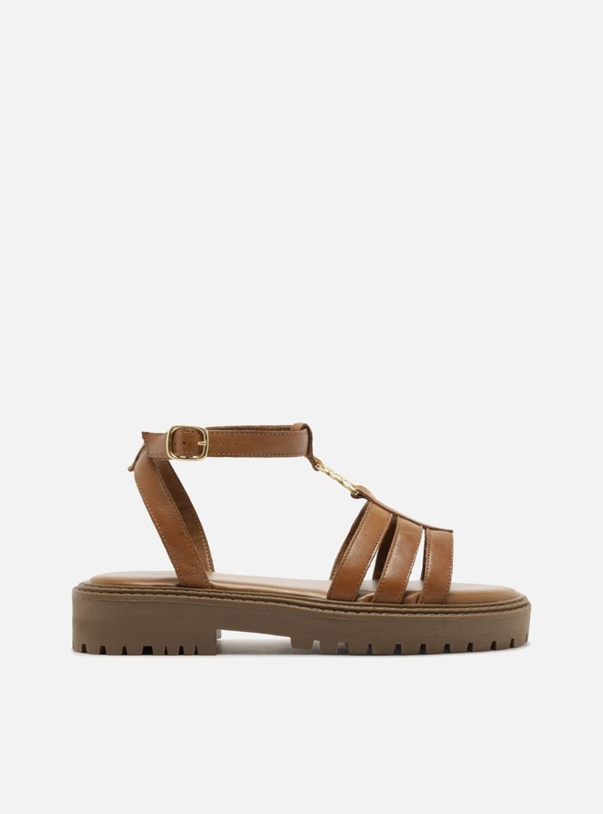 Sandália Marrom Couro Salto Tratorado Fivela Metais