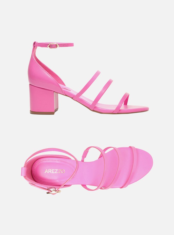 Sandália Rosa Pink Couro Salto Bloco Tiras Finas