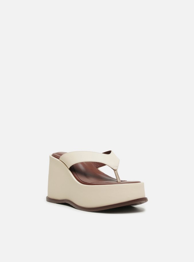 Tamanco Branco Couro Plataforma Thong Marrom