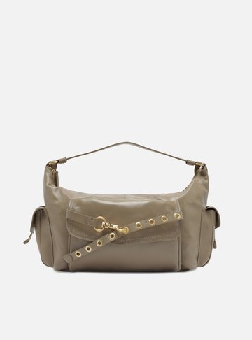 Bolsa Hobo Cinza Couro Grande Tira Ilhós