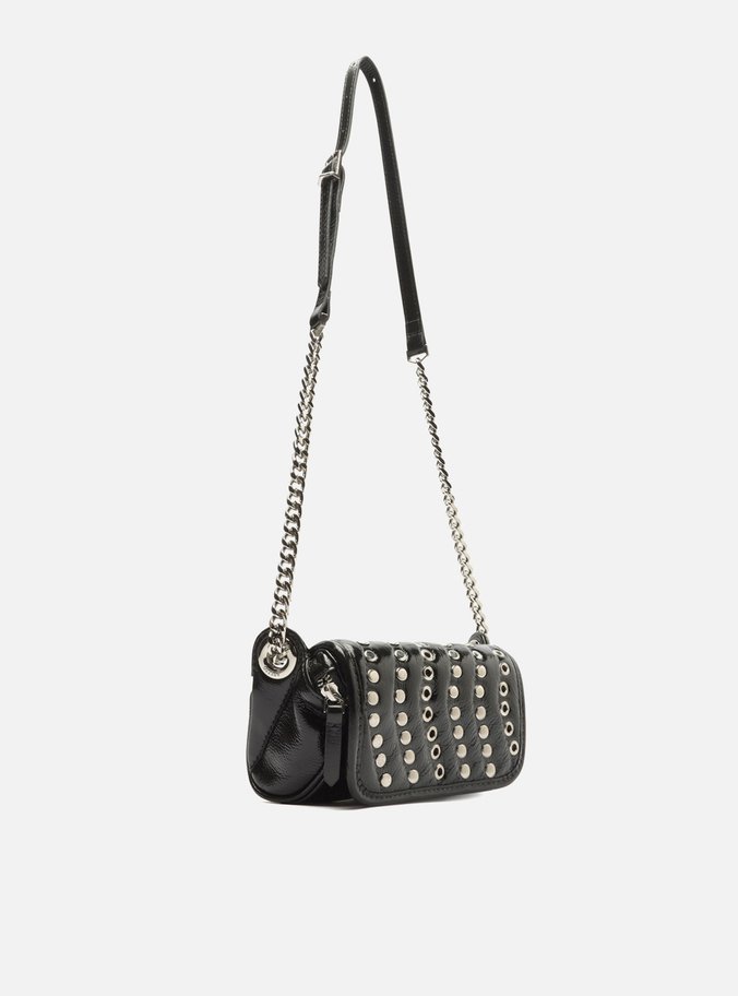 Bolsa Tiracolo Preta Couro Shine Pequena Ilhós