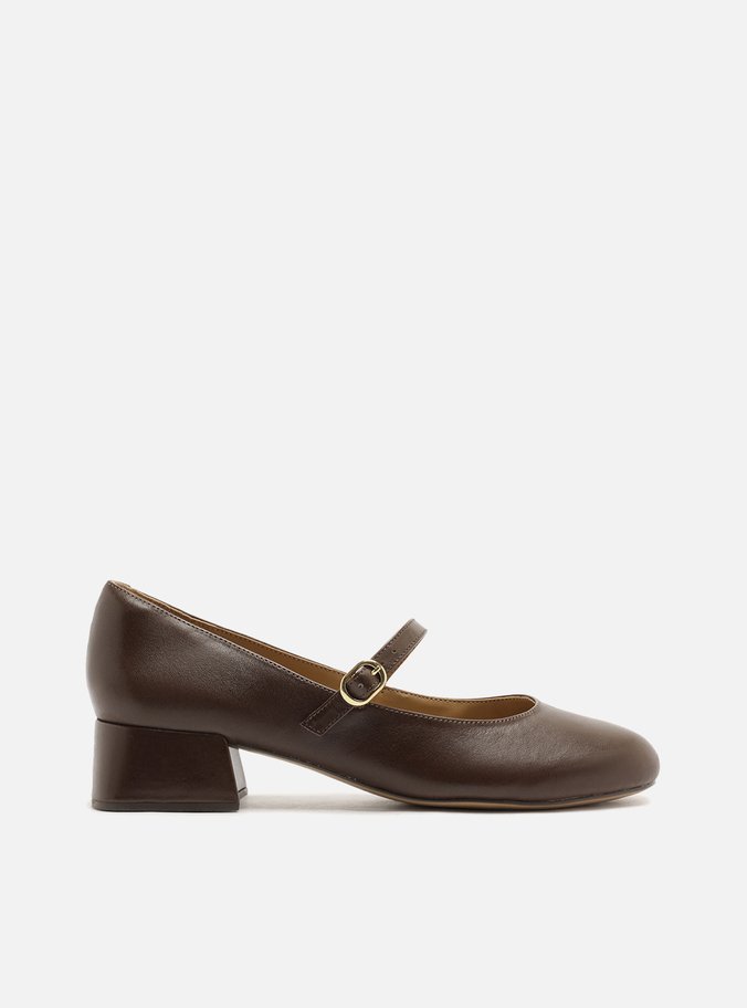 Scarpin Marrom Couro Salto Bloco Fivela