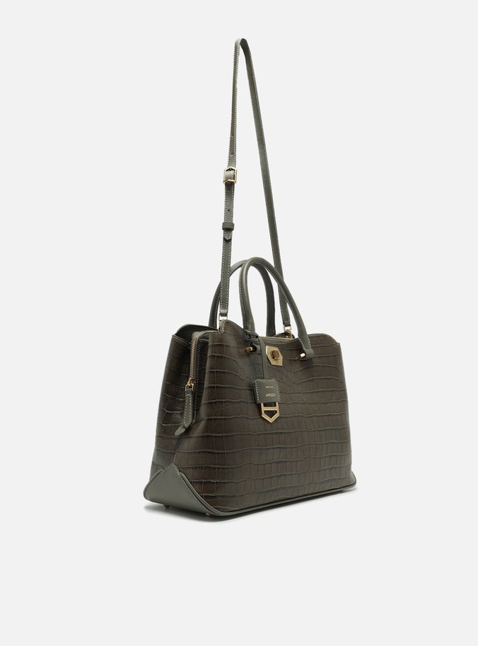 Bolsa Shopping Cinza Couro Grande Croco Charm
