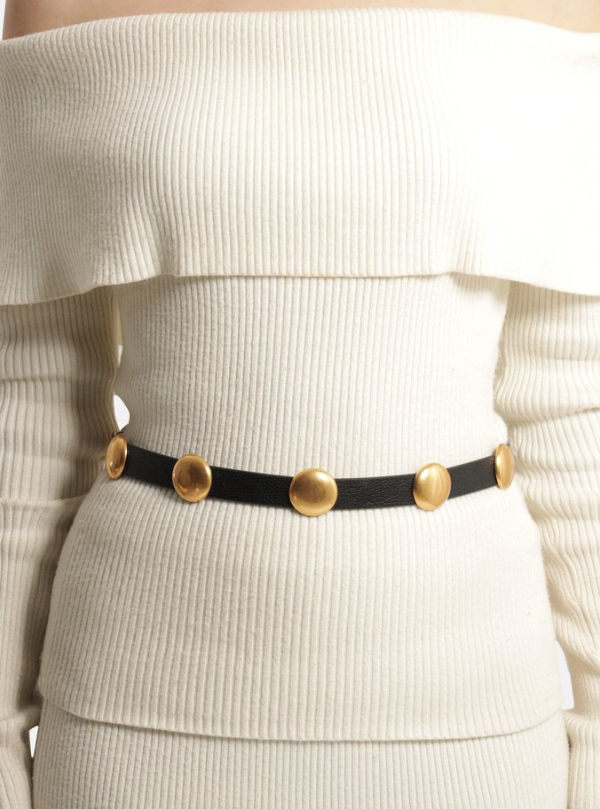 Cinto Preto Couro Worn Fino Metais Dourados