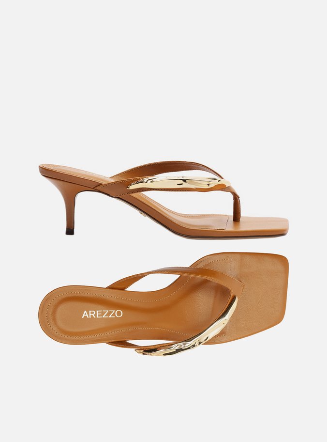 Tamanco Marrom Couro Salto Fino Flip Flop Metal