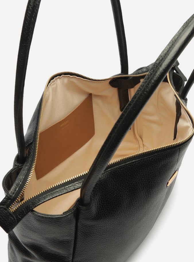 Bolsa Shopping Preta Couro Grande Tag Metal