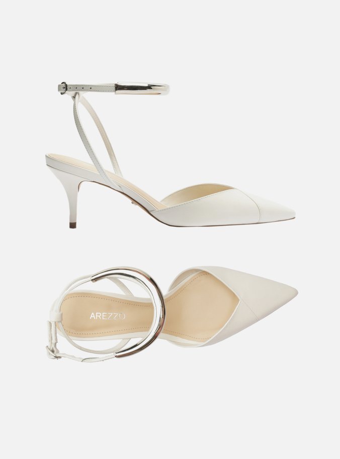 Scarpin Branco Couro Salto Kitten Tira Metal