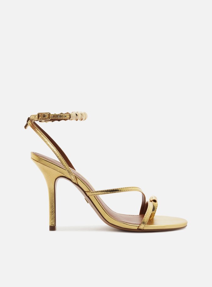 Sandália Dourada Couro Salto Alto Fino Metais Dedeira