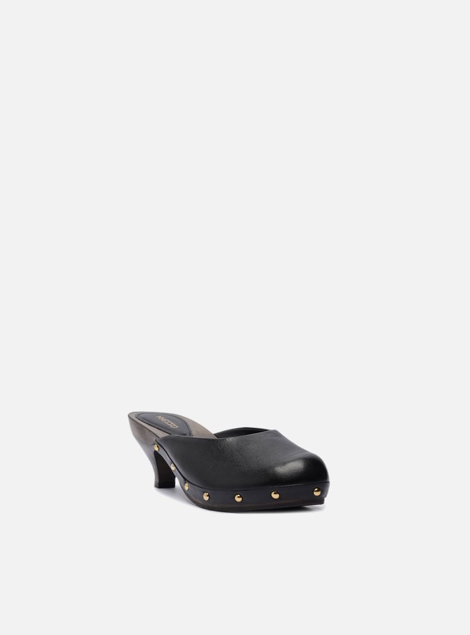 Mule Clog Preta Couro Salto Baixo