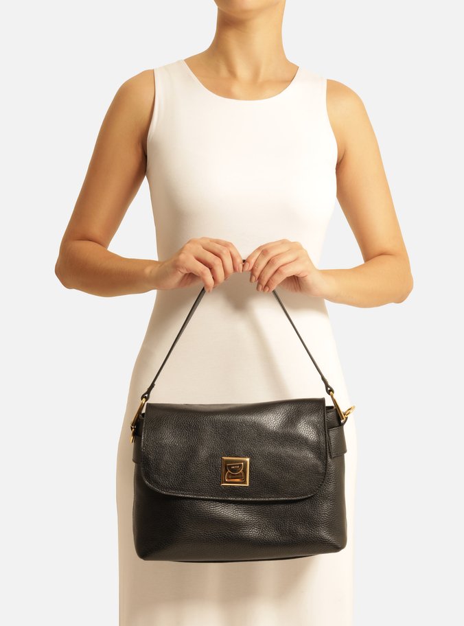 Bolsa Satchel Preta Couro Média Metal
