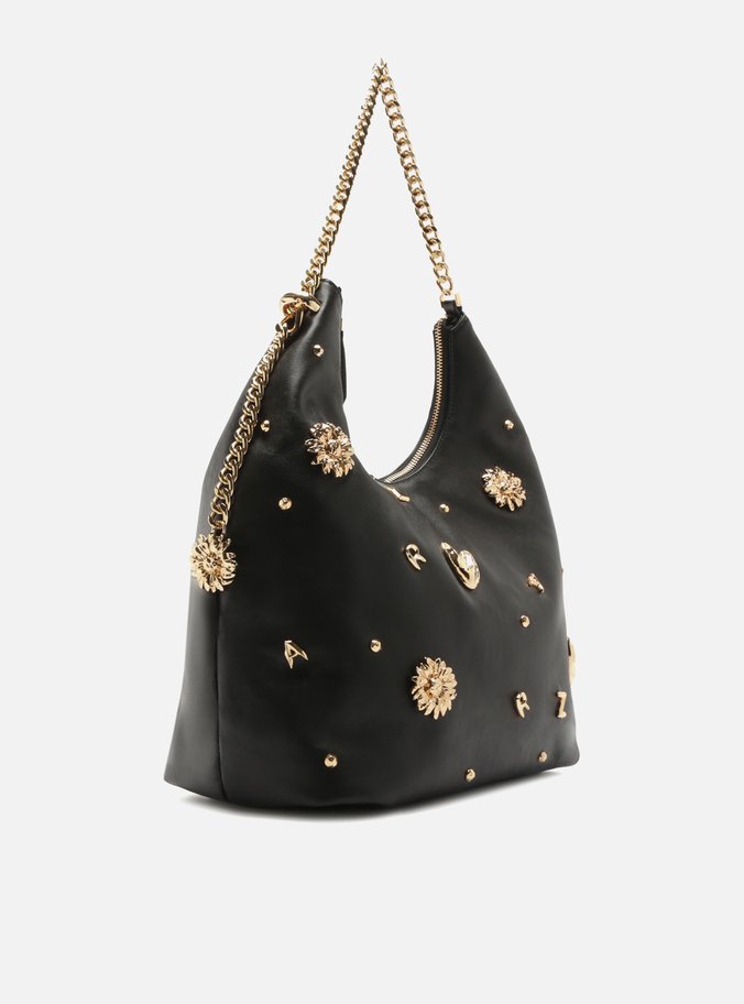 Bolsa Hobo Preta Couro Grande Metais Fun