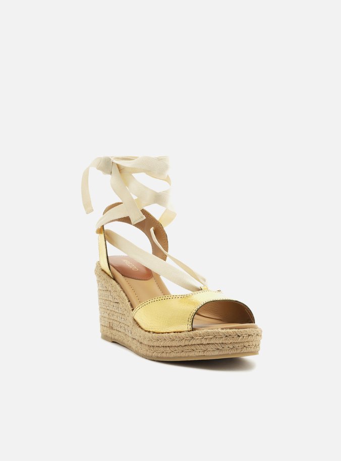 Espadrille Dourada Couro Plataforma Amarração