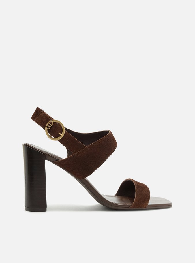 Sandália Marrom Acamurçada Salto Bloco Fivela