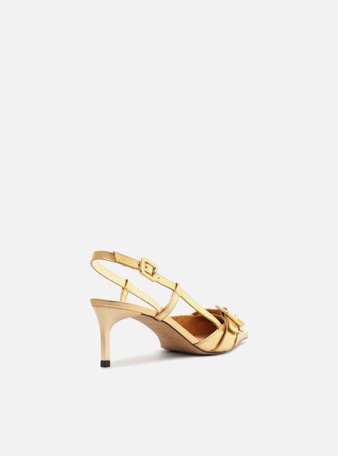 Scarpin Dourado Couro Salto Baixo Slingback