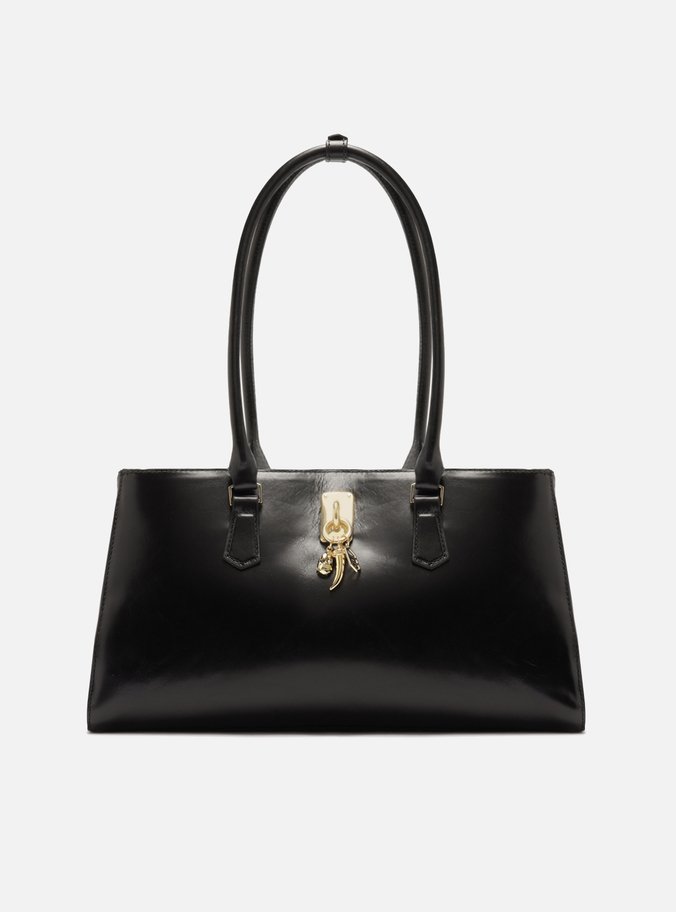 Bolsa Tote Preta Couro Grande Metal Charms