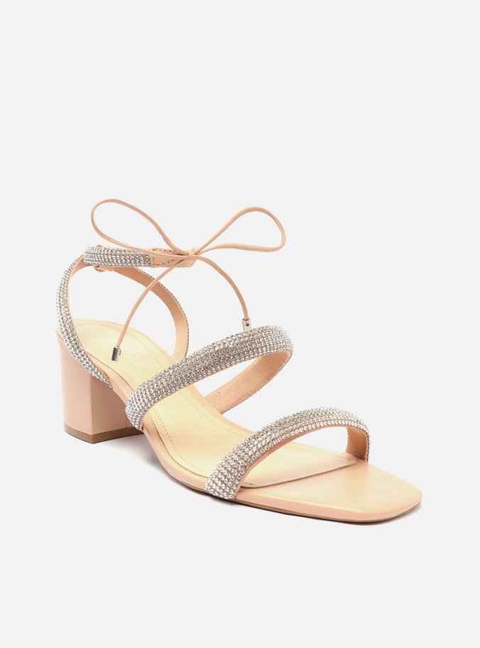 Sandália Nude Bloco Bico Quadrado Strass