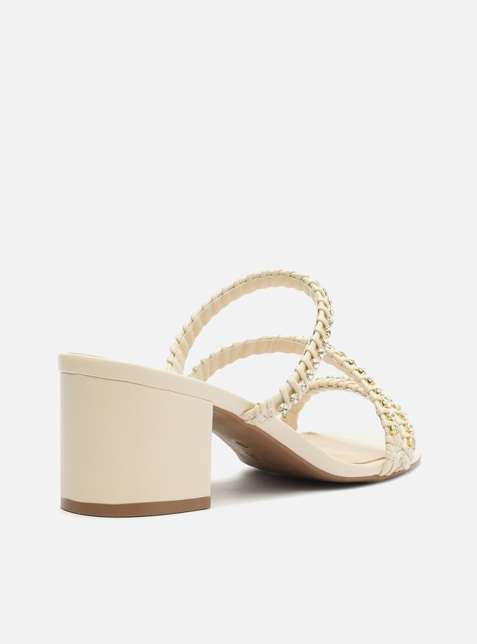 Sandália Off-White Salto Bloco Tiras Pedrarias