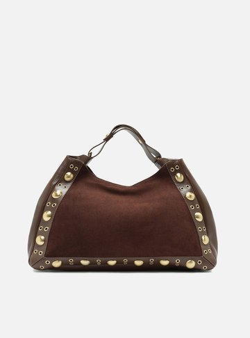 Bolsa Tote Marrom Couro Camurça Grande Metais