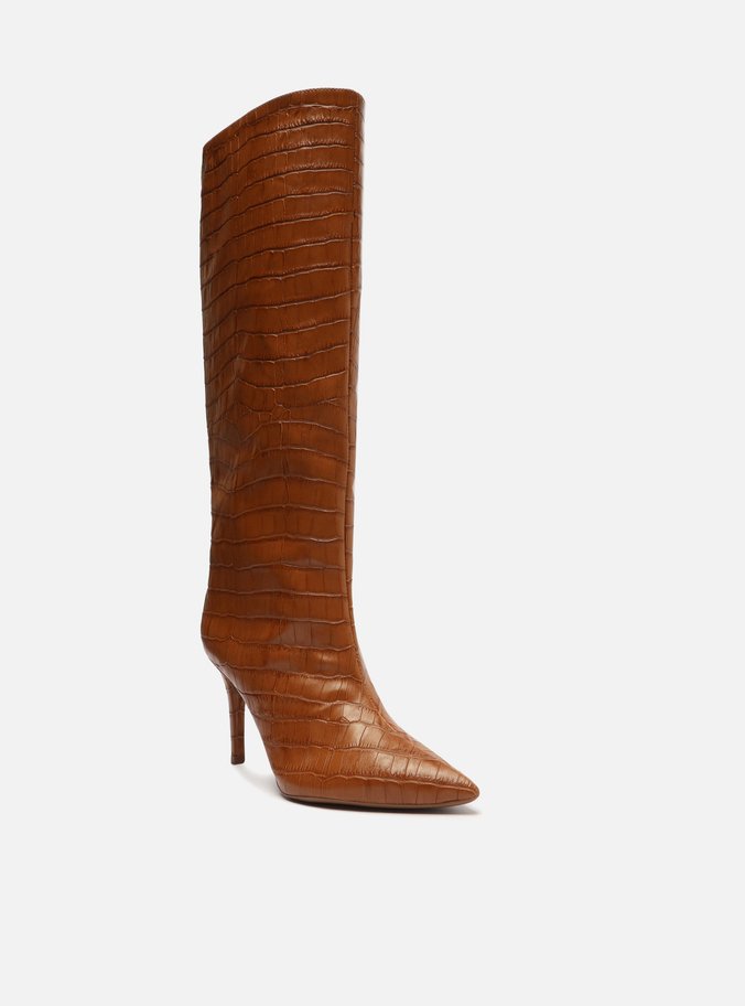 Bota Marrom Croco Cano Longo Salto Fino
