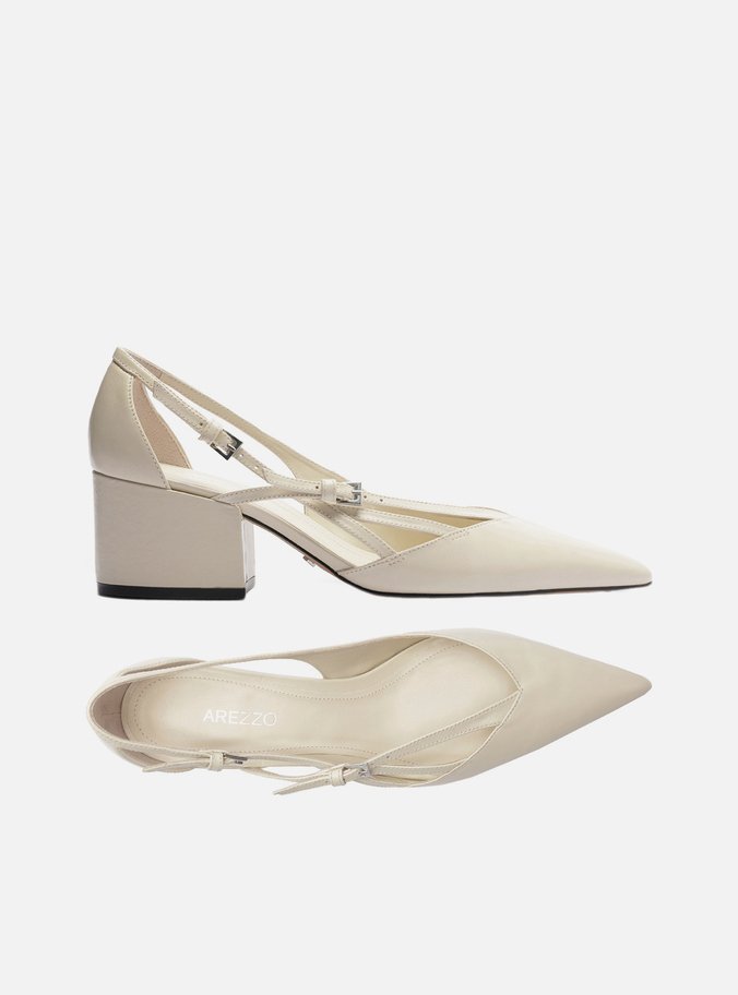 Scarpin Branco Couro Bloco Semi Aberto Fivelas