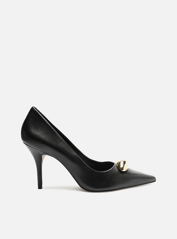Scarpin Preto Couro Salto Fino Metal Silvia Braz
