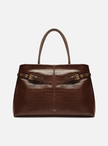 Bolsa Shopping Marrom Couro Croco Grande Fivelas