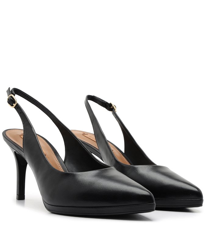 Scarpin Preto Couro Salto Alto Slingback