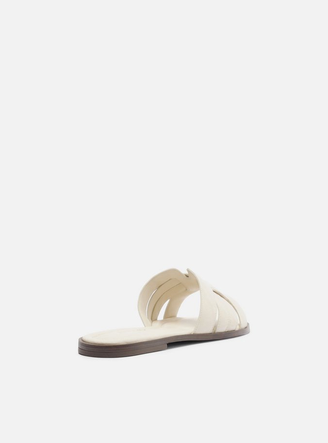 Rasteira Branca Couro Flat Tira Vazada Puffer