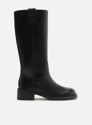 Bota Preta Couro Cano Longo Salto Bloco Tiras
