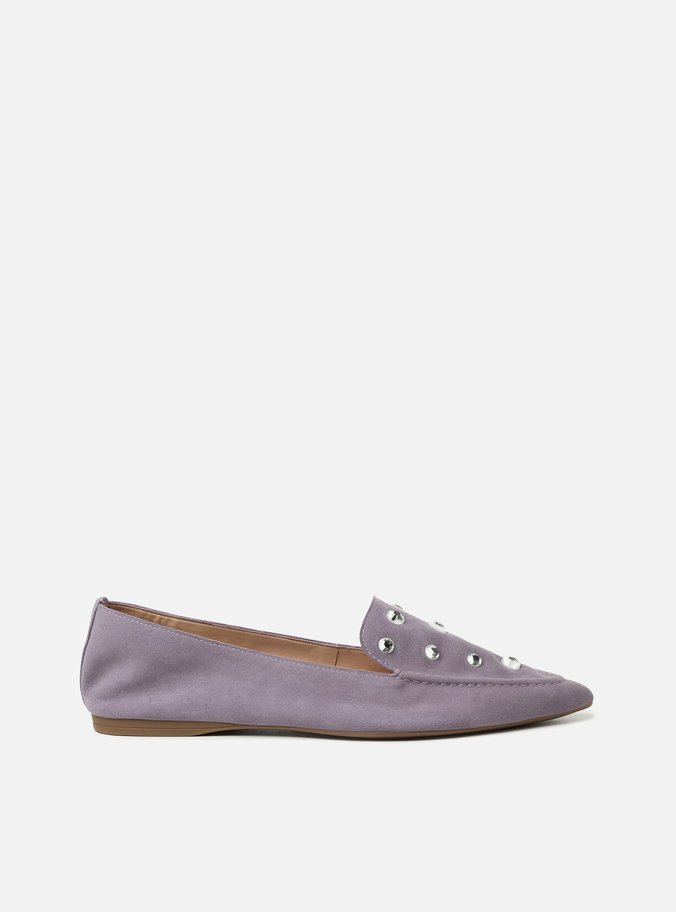 Mocassim Roxo Couro Salto Rasteiro Strass
