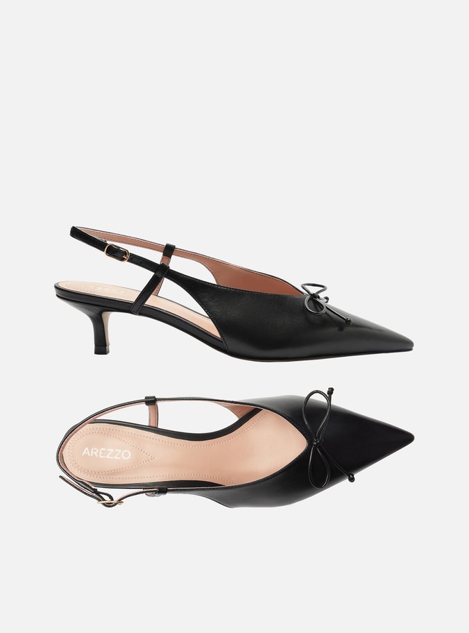 Scarpin Preto Couro Bico Fino Slingback Laço