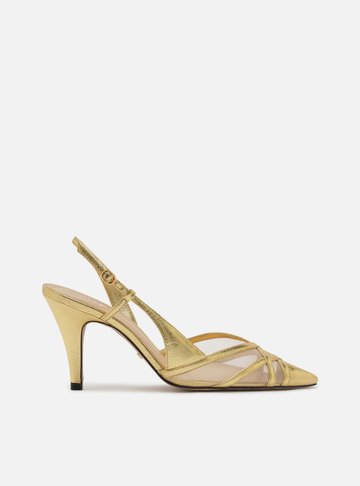 Scarpin Dourado Couro Tela Salto Médio Fivela