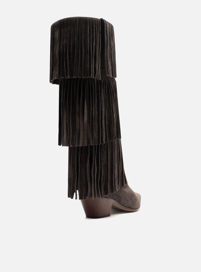 Bota Marrom Café Suede Cano Médio Bloco Franjas