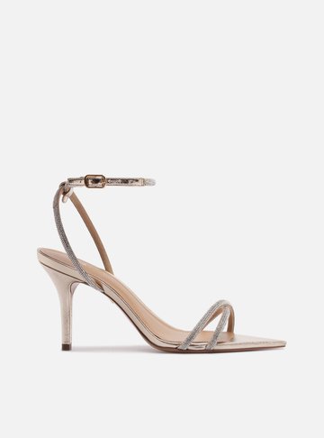 Arezzo — Sandália Dourada Salto Fino Strass