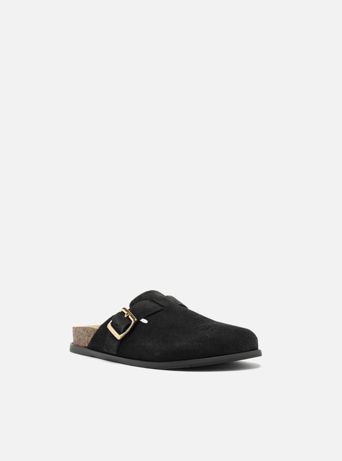 Clog Sabot Preta Camurça Rasteira Fivela