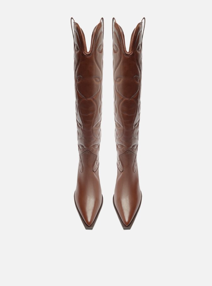 Bota Marrom Couro Cano Longo Western Costuras