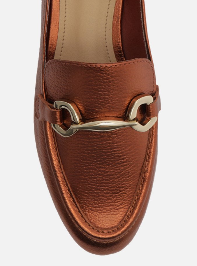 Mocassim Laranja Metal Couro Bridão Metálico Luma