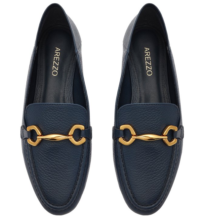 Mocassim Azul Couro Bridão Metálico Luma