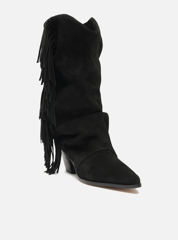 Bota Preta Suede Cano Alto Bloco Franjas