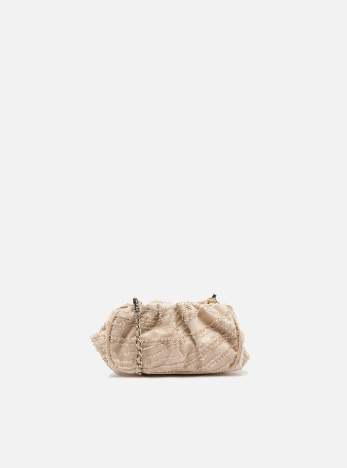 Bolsa Tiracolo Bege Tule Pequena Cristais