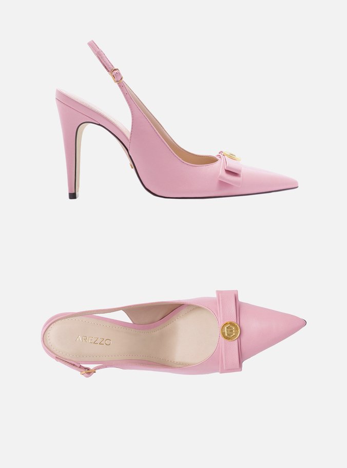 Scarpin Rosa Couro Bico Fino Slingback Laço