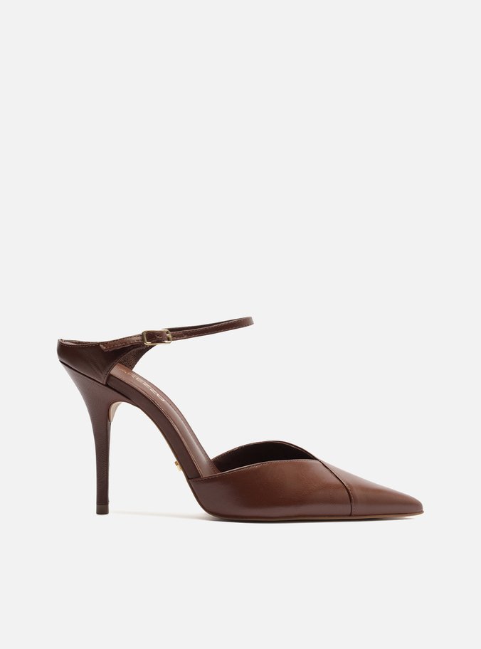 Scarpin Marrom Couro Salto Alto Tira Instep