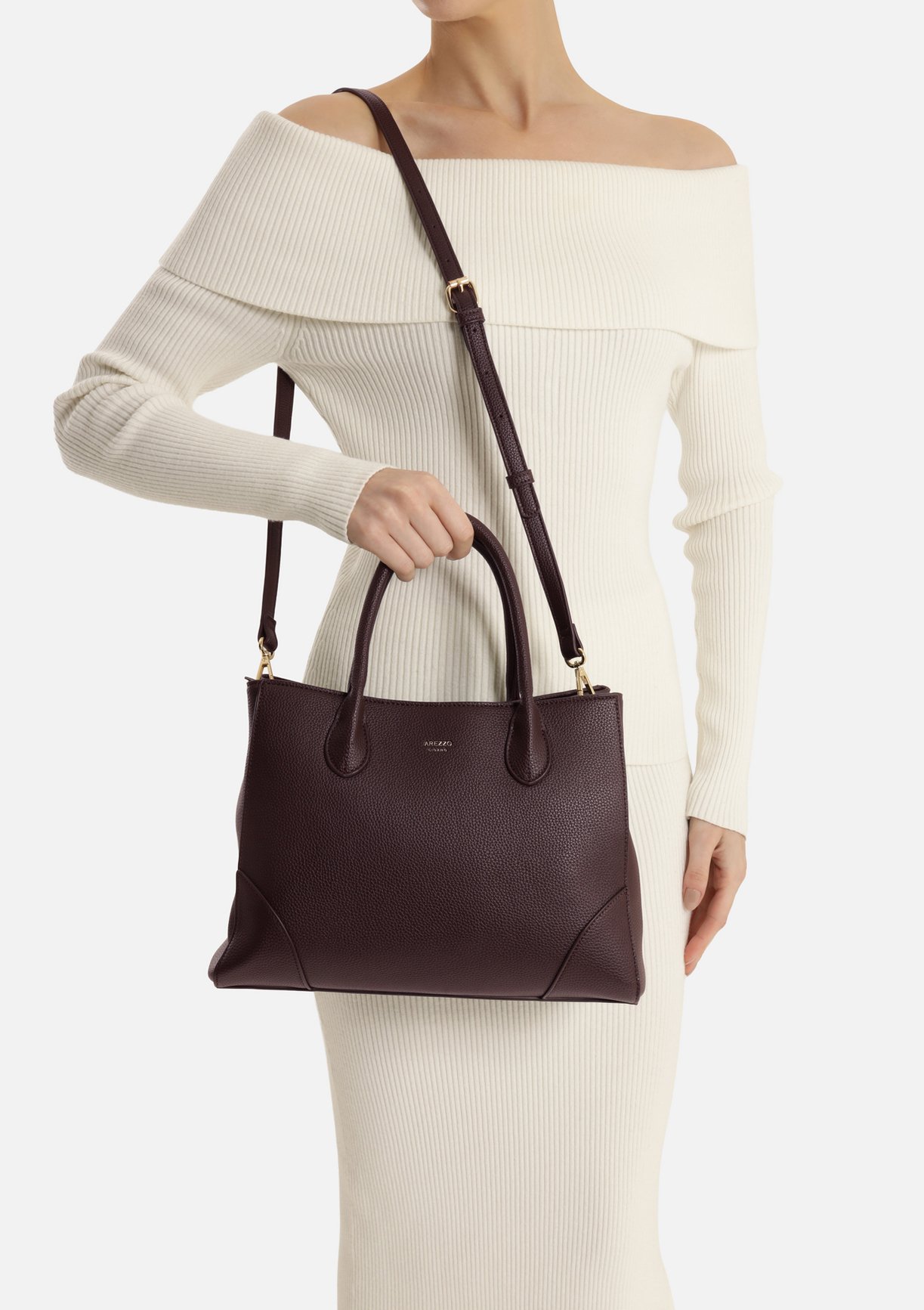 Bolsa Tote Marrom Grande Granulada Metais — foto 6