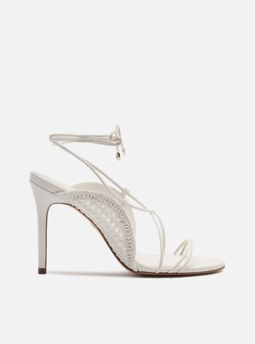 Sandália Off-White Salto Alto Tiras Finas Bordado
