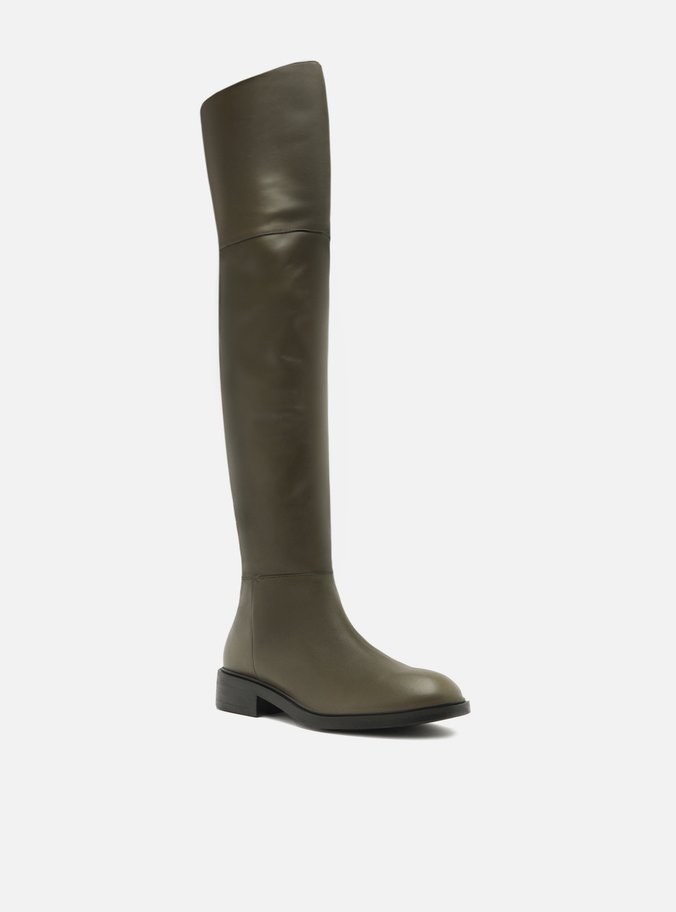 Bota Over The Knee Verde Couro Salto Bloco