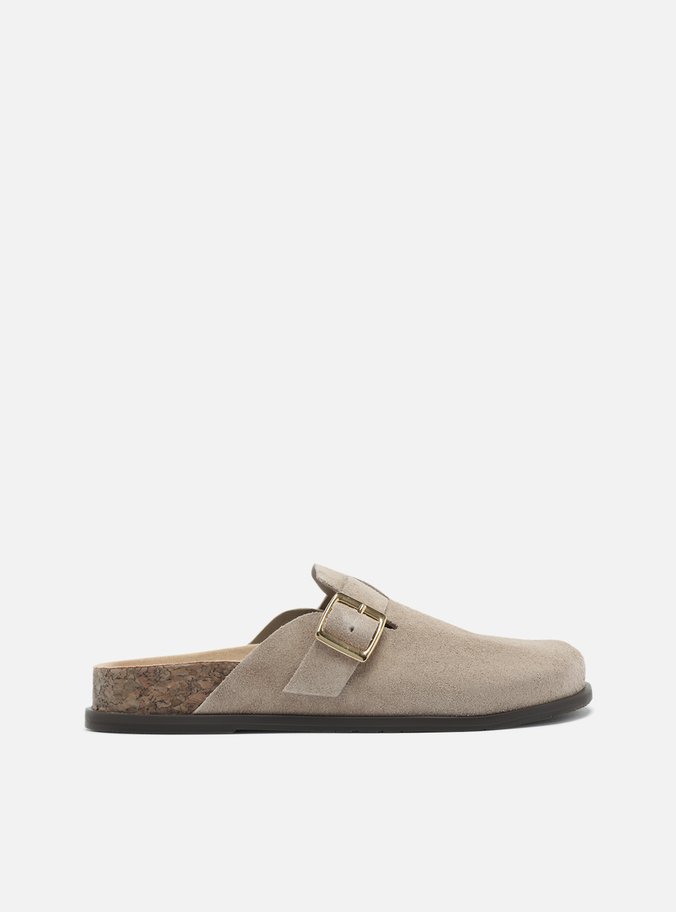 Clog Sabot Cinza Camurça Rasteira Fivela