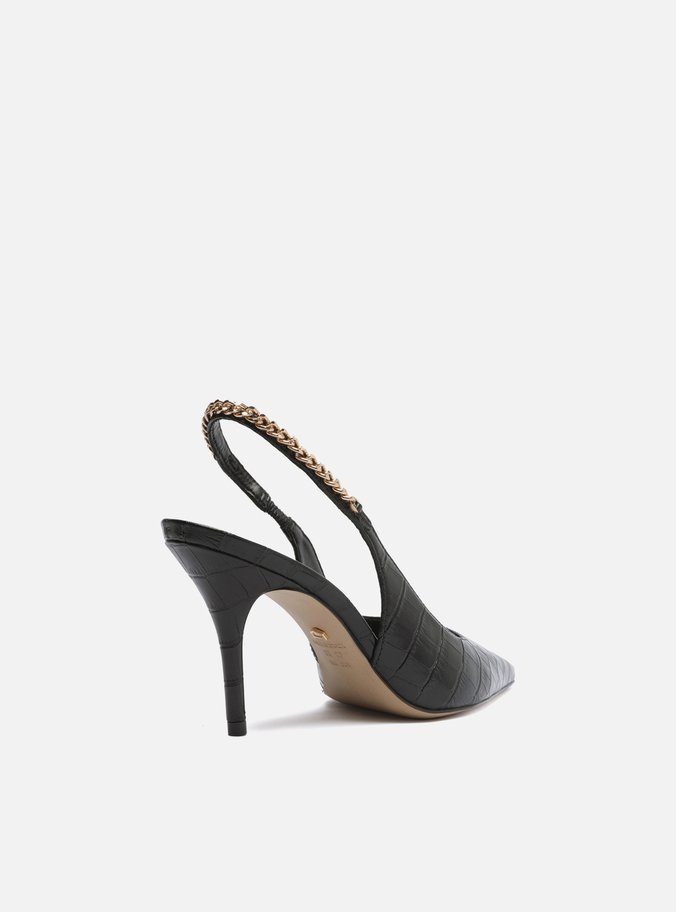 Scarpin Preto Croco Bico Fino Slingback Corrente