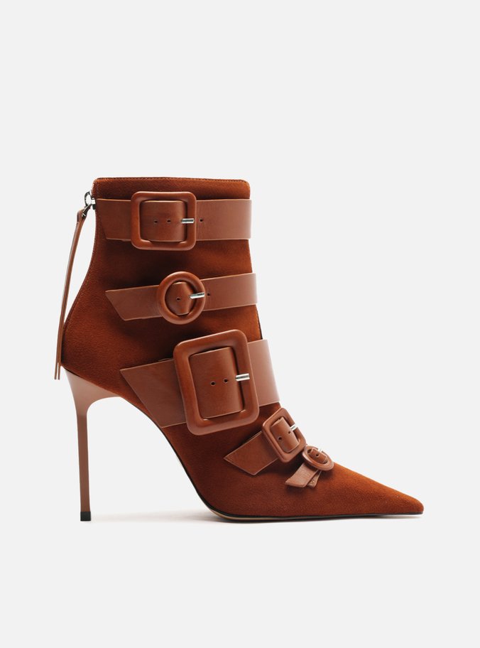 Bota Marrom Nobuck Salto Alto Fivelas