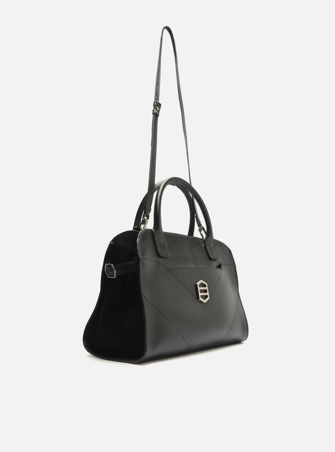 Bolsa Tote Preta Couro Recortes Média
