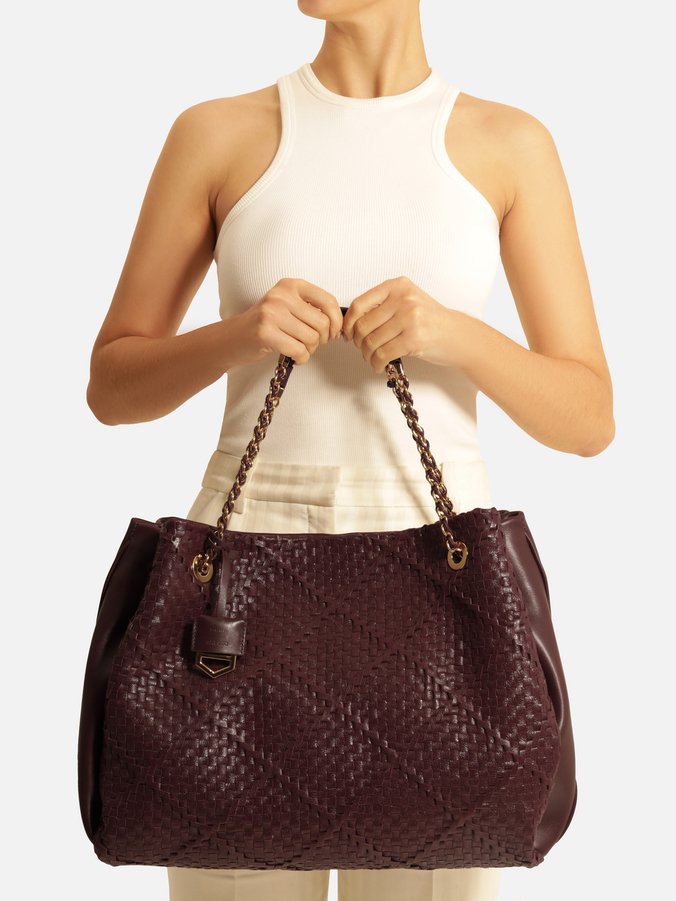 Bolsa Shopping Vinho Couro Tressê Cruzado Grande